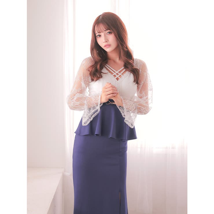 レーストップス×スリット入りペプラムタイトロングドレス セクシードレス 袖あり | Tika | 詳細画像10 