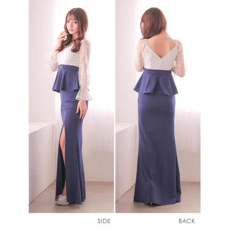 レーストップス×スリット入りペプラムタイトロングドレス セクシードレス 袖あり | Tika | 詳細画像12 