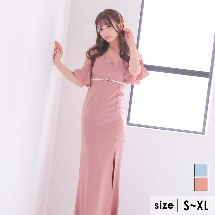 ダスティピンク | ハーフジップ×レース切替フレアロングドレス ガーリードレス エレガント | Tika