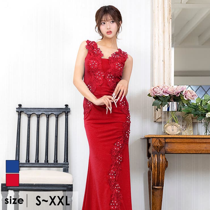 ワインレッド | 立体フラワーレース×Vネックマーメイドラインタイトロングドレス セクシードレス | Tika