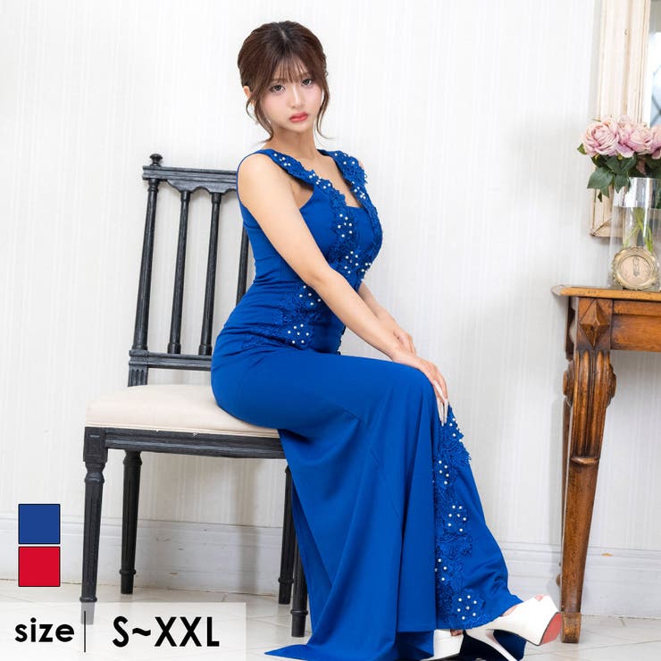 ブルー | 立体フラワーレース×Vネックマーメイドラインタイトロングドレス セクシードレス | Tika