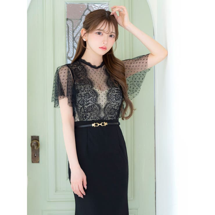 ドットシアーフレアスリーブハイウエストマークタイトロングドレス セクシードレス … | Tika | 詳細画像1 