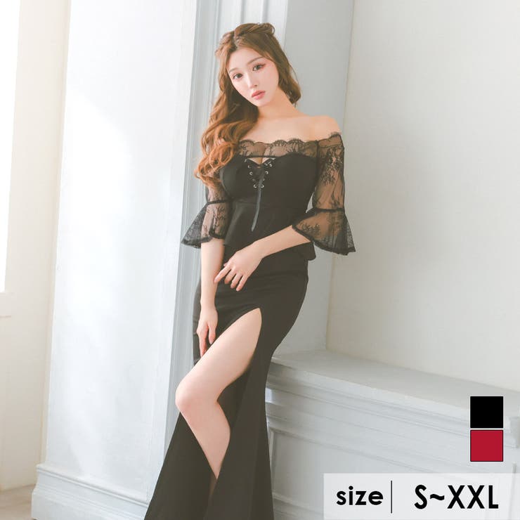 ブラック | Tika キャバドレス レースアップバストカットペプラムマーメイドロングドレス | Tika