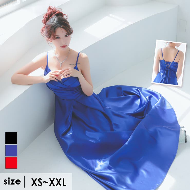 ブルー | Tika キャバドレス クロスカッティングカシュクールサテンロングドレス | Tika
