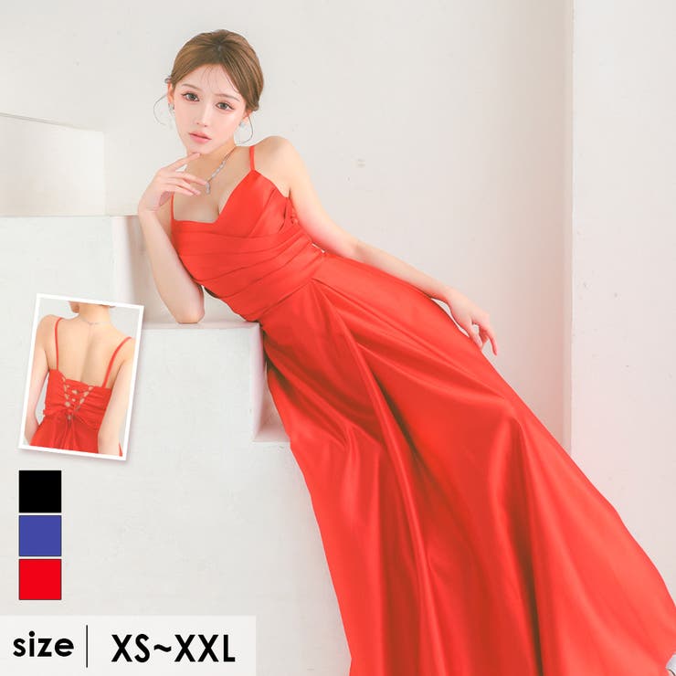 レッド | Tika キャバドレス クロスカッティングカシュクールサテンロングドレス | Tika