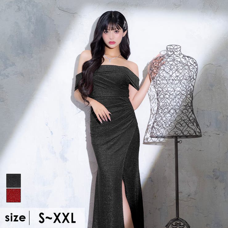 ブラック | Tika オフショルダースリットラメ入りタイトロングドレス セクシードレス | Tika
