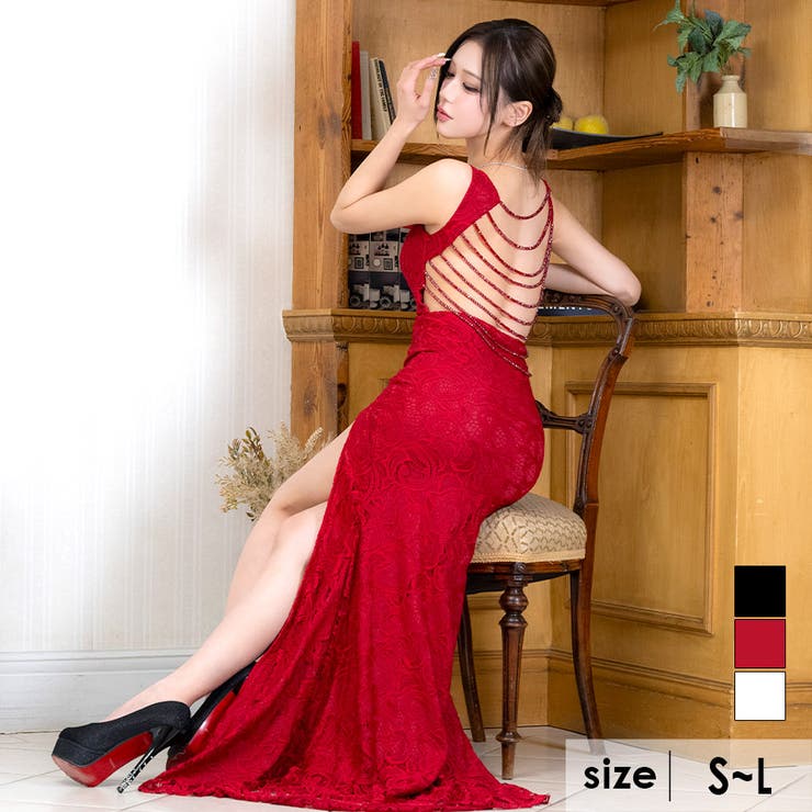 オープンバックチェーン総レースタイトロングドレス セクシードレス 袖