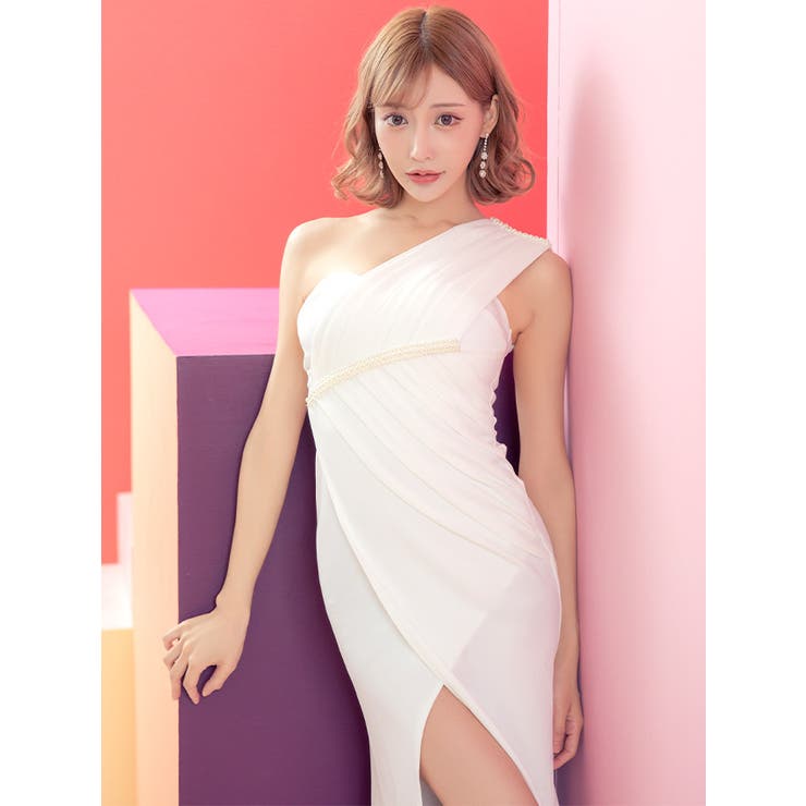 キャバドレスキャバドレスロングドレスタイトドレスギャザー袖なしワンショルダーウエストマークスリットラップ風S-XLサイズ大きいサイズホワイトレッドブラックワンカラーエレガント上品ゆんころ明日花キララKIRARAstyleキララスタイルTikaティカ