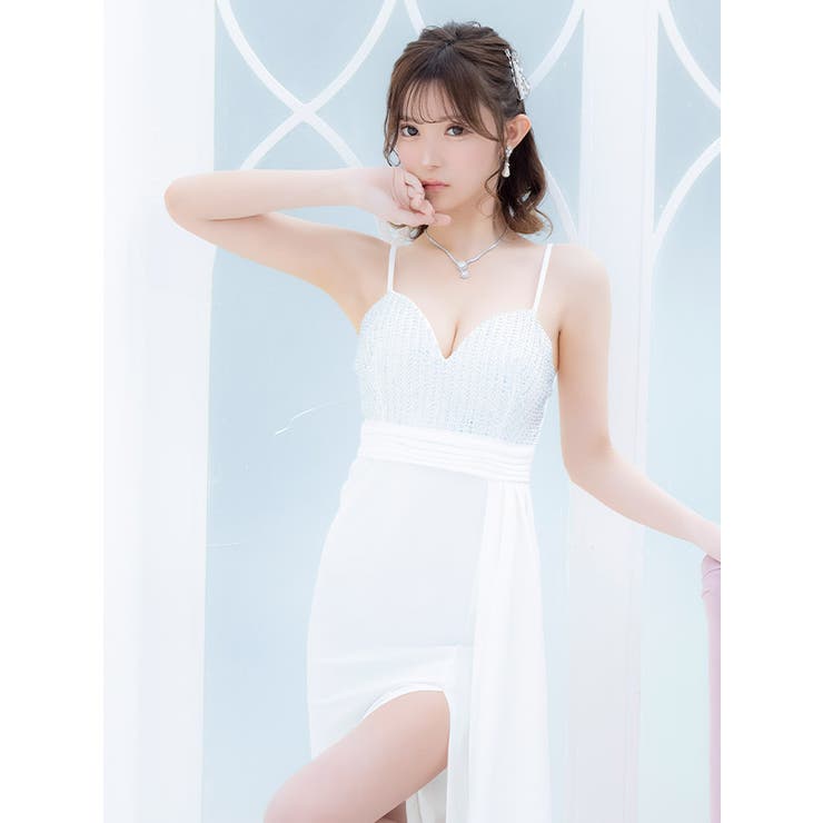 トップビジューハイウエストラップタイトロングドレス セクシー