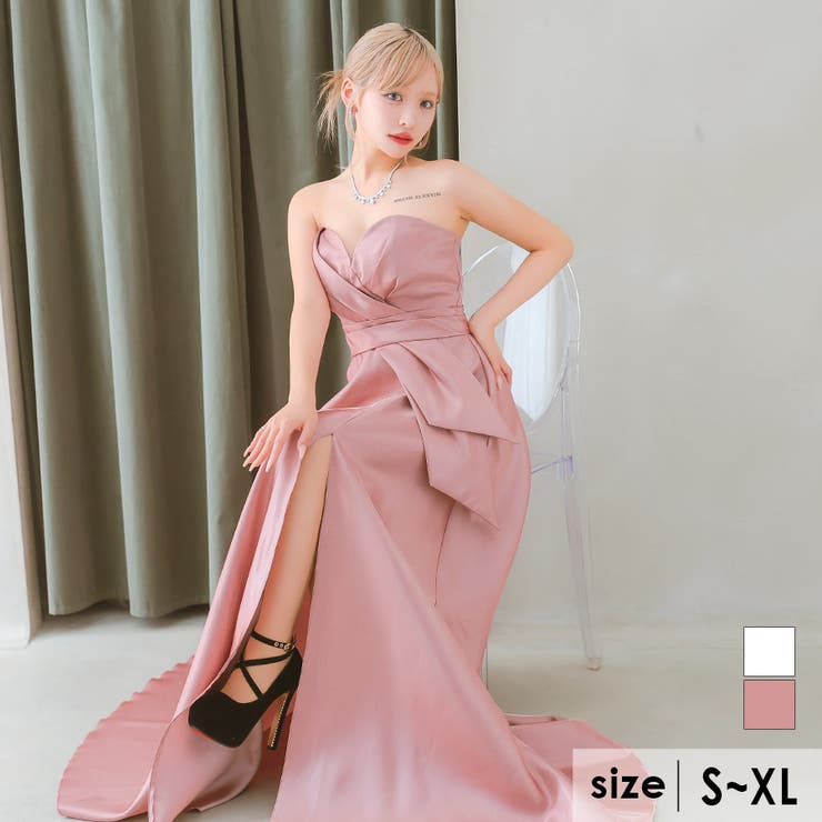ハートカットサテンハイウエストフレアロングドレス ガーリー