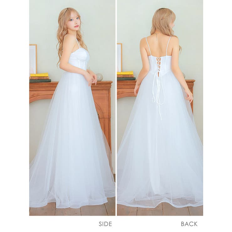 コルセットトップチュールロングドレス エレガントドレス フレア[品番