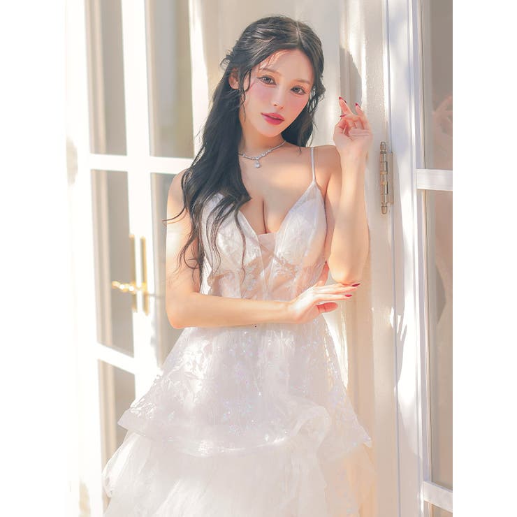 シースルートップ多層ボリュームフリルフレアロングドレス セクシードレス 袖なし | Tika | 詳細画像1 