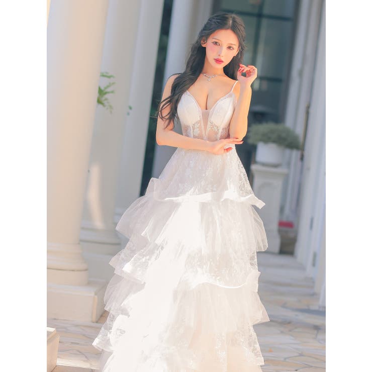 シースルートップ多層ボリュームフリルフレアロングドレス セクシードレス 袖なし | Tika | 詳細画像4 