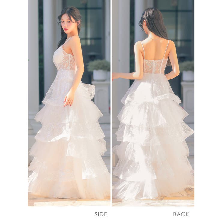 シースルートップ多層ボリュームフリルフレアロングドレス セクシードレス 袖なし | Tika | 詳細画像6 