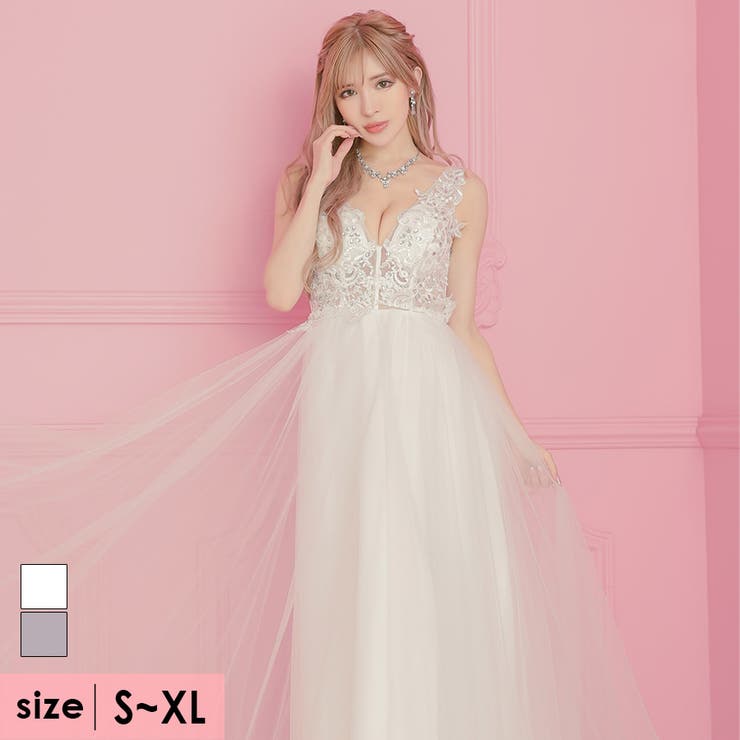 ウエストシースルー刺繍×シフォンロングドレス イベントドレス キャバドレス