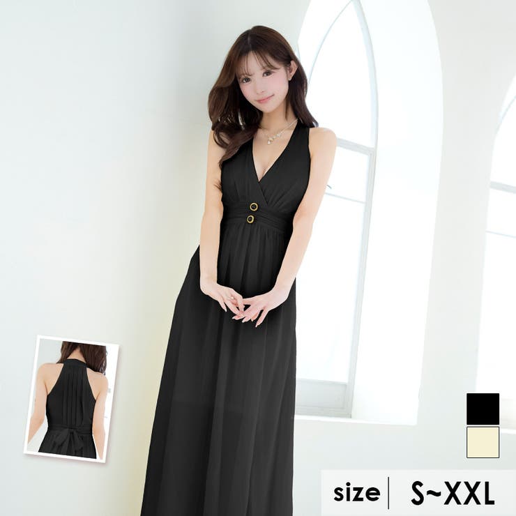 ブラック | Tika ウエストパールボタンホルターネックシフォンロングドレス セクシードレス | Tika