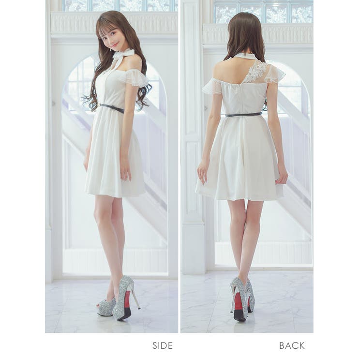 Aラインワンショルダーミニドレス 袖あり フレンチスリーブ[品番