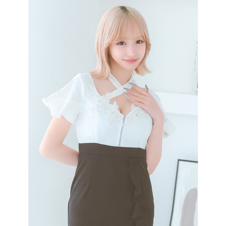 クロスネック×ハーフジッパーバイカラーミニドレス ガーリードレス タイトドレス | Tika | 詳細画像7 