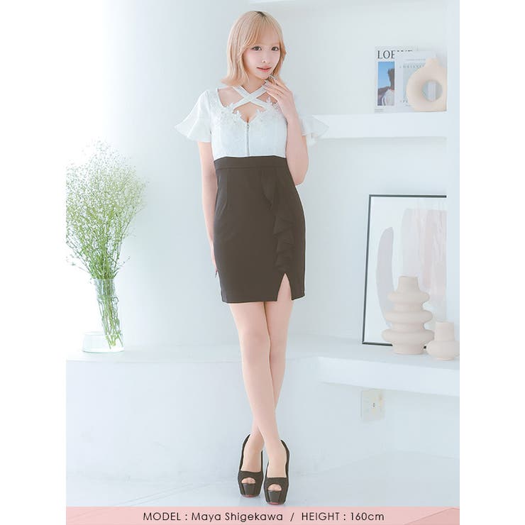 クロスネック×ハーフジッパーバイカラーミニドレス ガーリードレス タイトドレス | Tika | 詳細画像11 