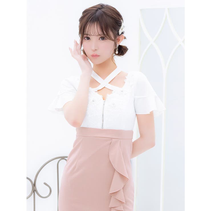 クロスネック×ハーフジッパーバイカラーミニドレス ガーリードレス タイトドレス | Tika | 詳細画像1 