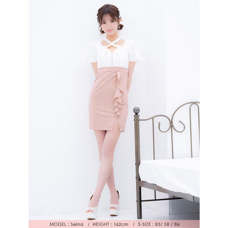 クロスネック×ハーフジッパーバイカラーミニドレス ガーリードレス タイトドレス | Tika | 詳細画像5 