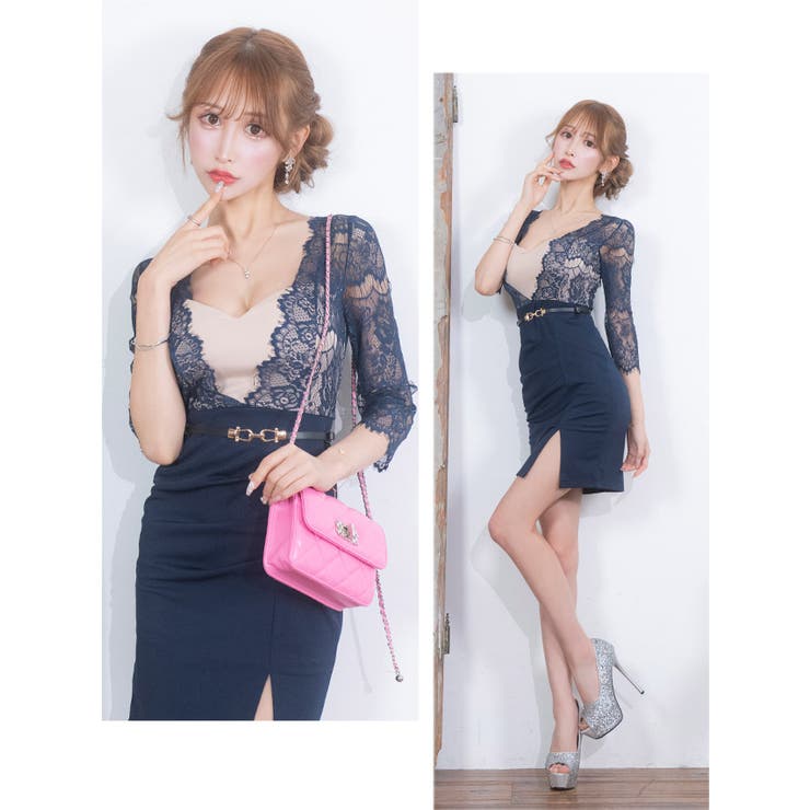 トップスレースハイウエストベルト付きミニドレス スリット 袖あり | Tika | 詳細画像2 