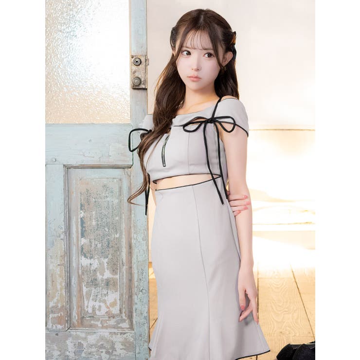 カットアウト×ハーフジップコードリボンフレアミニドレス ガーリードレス セクシー | Tika | 詳細画像7 