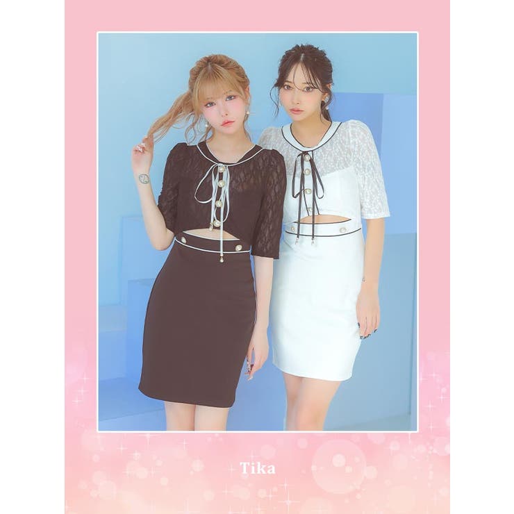 トップレースウエストカット×ネックリボンミニドレス ガーリー