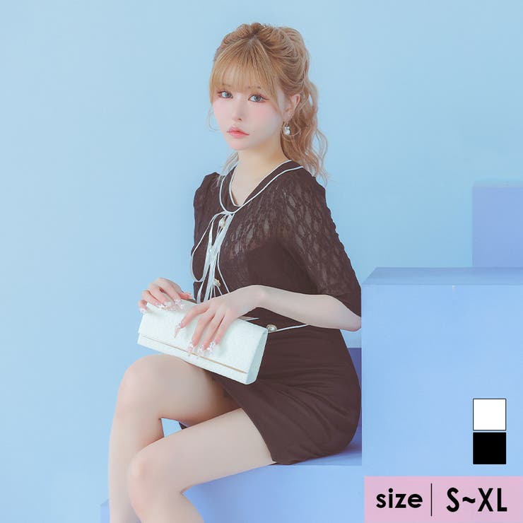 最終価格　淡い水色　綺麗系レースドレス　M バックリボン♡可愛い&セクシー トップレースウエストカット×ネックリボンミニドレス ガーリー