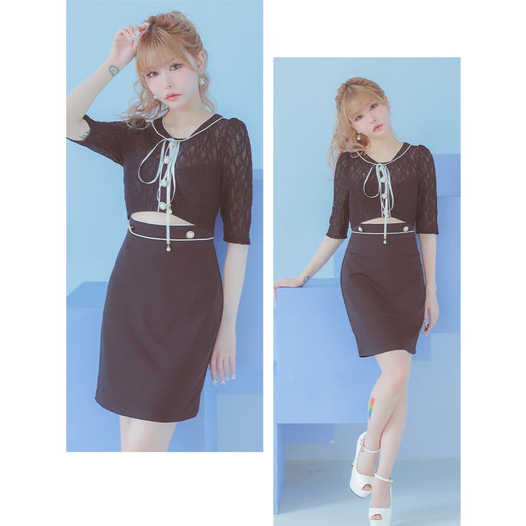 最終価格　淡い水色　綺麗系レースドレス　M バックリボン♡可愛い&セクシー トップレースウエストカット×ネックリボンミニドレス ガーリー