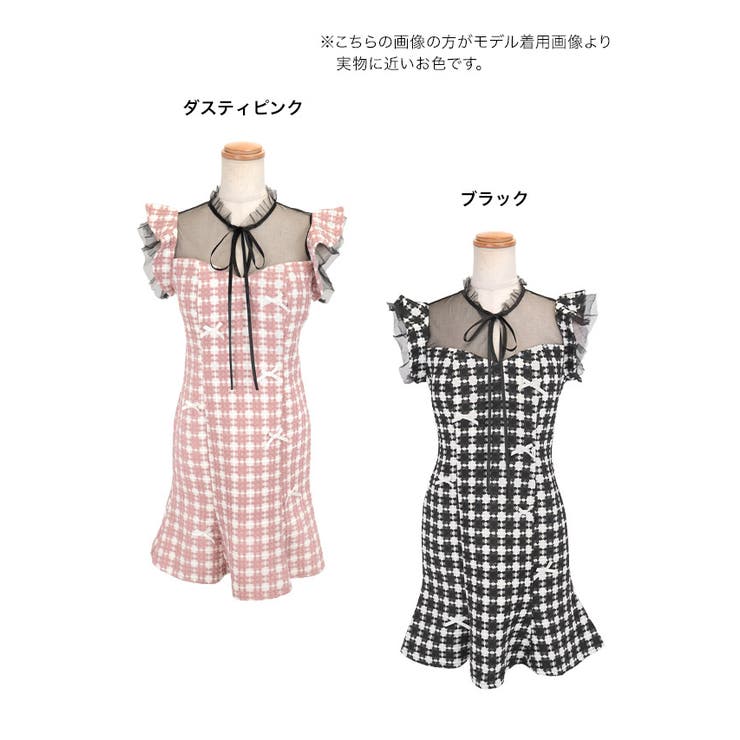 千鳥格子ツイード×ポイントリボンミニドレス ガーリードレス 袖