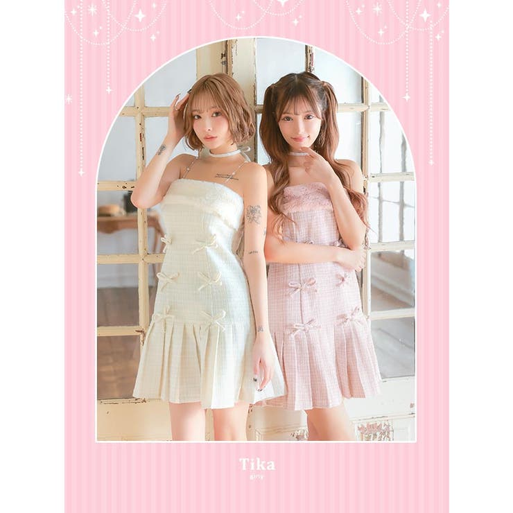 パールストラップ×フロントリボンプリーツツイードミニドレス ガーリードレス 袖なし