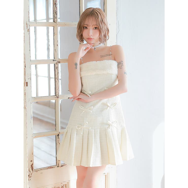 100％本物 パールストラップ×フロントリボンプリーツツイードミニドレス ガーリードレス 袖なし トートバッグ