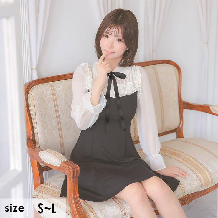 【送料込】フリルネック肩リボンミニドレス (6 colors) DAZZY ドレス ネック リボン フラワーレース フリル袖