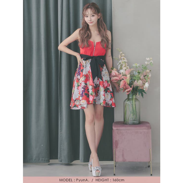 ボタニカルフラワー×ハフジップウエストリボンAラインミニドレス キャバドレス | Tika | 詳細画像4 