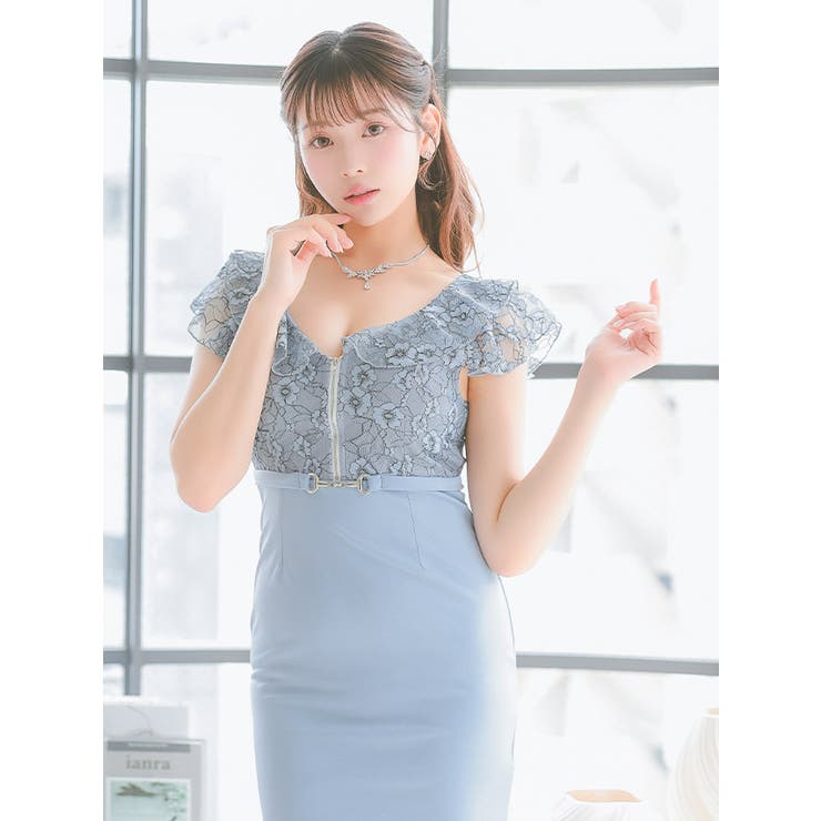 フラワーレースハーフジップハイウエストミニドレスガーリードレスフレンチスリーブタイトドレスキャバドレスキャバドレスS-XXLサイズ大きいサイズダスティピンクダスティブルー聖菜Tikaティカ