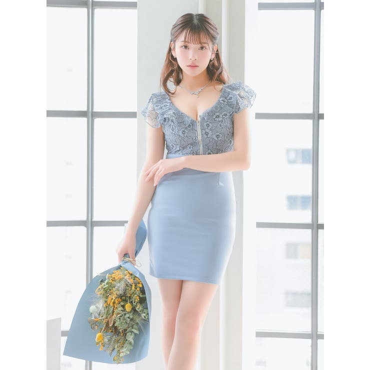 フラワーレースハーフジップハイウエストミニドレスガーリードレスフレンチスリーブタイトドレスキャバドレスキャバドレスS-XXLサイズ大きいサイズダスティピンクダスティブルー聖菜Tikaティカ