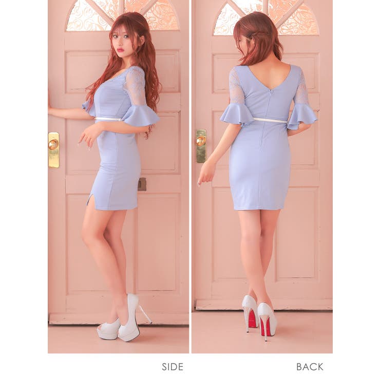 レース×フレアスリーブ前スリット入りタイトミニドレス ガーリードレス 袖あり | Tika | 詳細画像6 