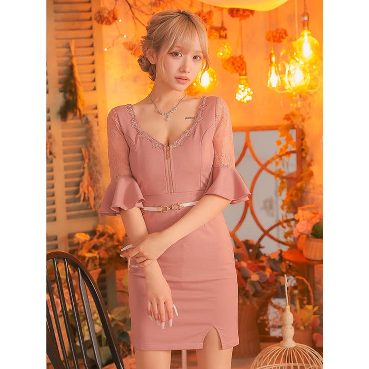 レース×フレアスリーブ前スリット入りタイトミニドレス ガーリードレス 袖あり | Tika | 詳細画像7 