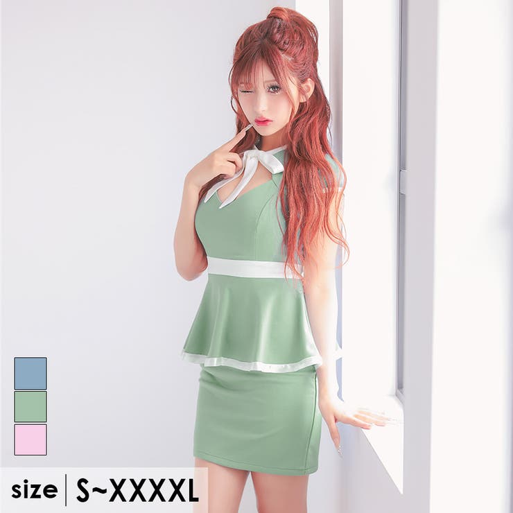 グリーン | リボンネック×パイピングデザインペプラムタイトミニドレス ガーリードレス 袖あり | Tika