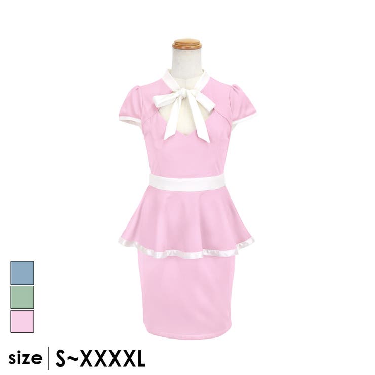 ピンクラベンダー | リボンネック×パイピングデザインペプラムタイトミニドレス ガーリードレス 袖あり | Tika