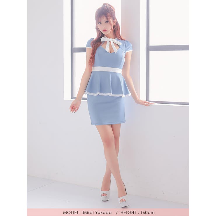 リボンネック×パイピングデザインペプラムタイトミニドレス ガーリードレス 袖あり | Tika | 詳細画像5 