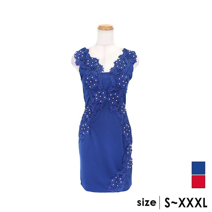 ブルー | 立体レース×パール装飾スリムラインミニドレス セクシードレス 袖なし | Tika