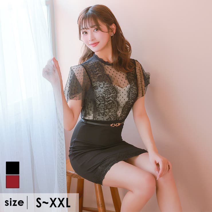 ブラック | シアードット×レースウエストマークタイトミニドレス ガーリードレス セクシー | Tika