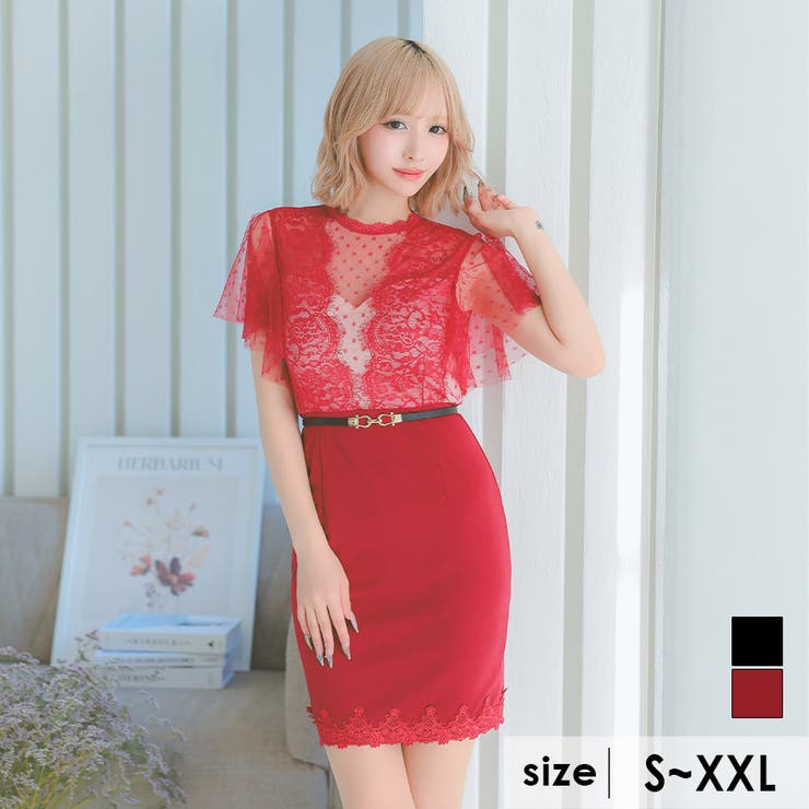 ワインレッド | シアードット×レースウエストマークタイトミニドレス ガーリードレス セクシー | Tika