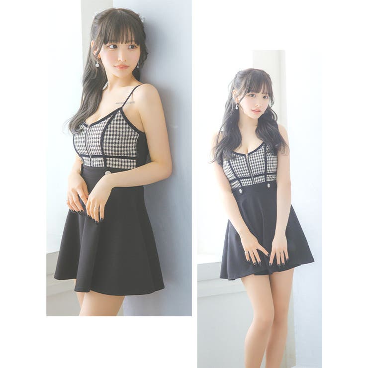 Tika ギンガムチェック ミニドレス ティカ Tika ギンガムチェック柄レーステープフリル袖ストレッチ