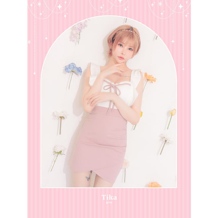 フリルスリーブ胸元リボンチューリップデザインタイトミニドレス ガーリードレス