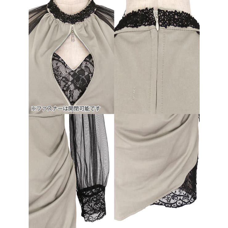 ハーフジップレーススリットシアースリーブタイトミニドレス セクシードレス 袖あり | Tika | 詳細画像12 