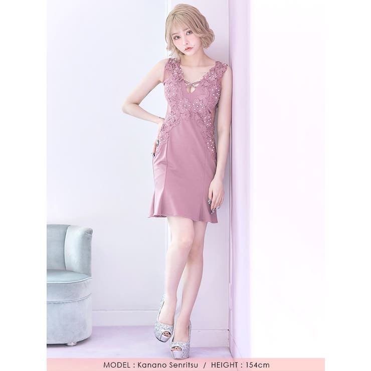 立体フラワー刺繍×パールウエストシースルーミニドレス セクシードレス 