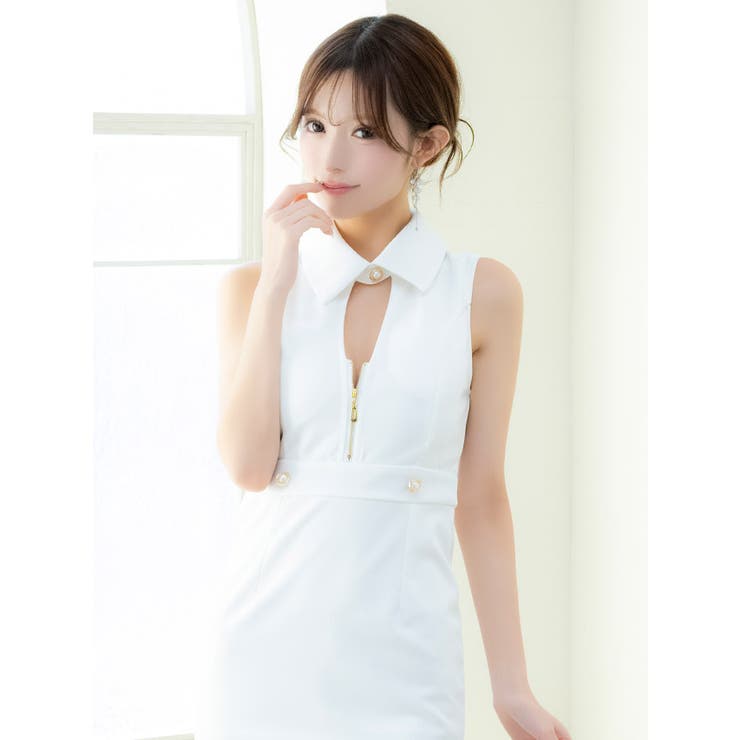 Tika フロントジップ襟付きパールボタンタイトミニドレス セクシー